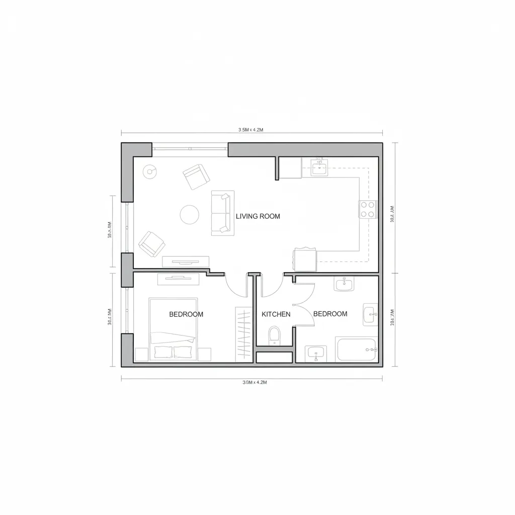 Clean digital 2D floor plan layout of a small apartment with labeled rooms