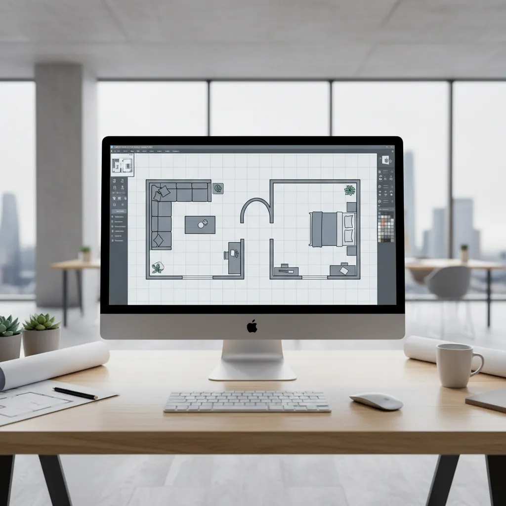 top view digital 2D room planner layout with furniture blocks