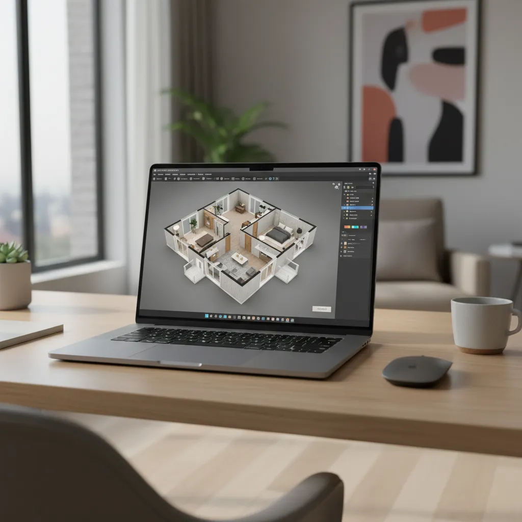 laptop displaying a 3D floor plan model of a house interior