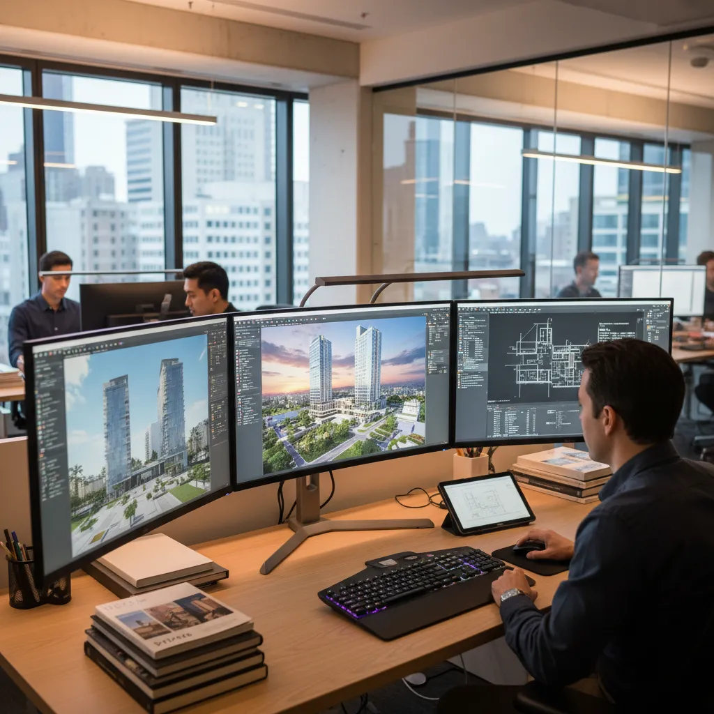 Architect working with digital architectural drawings on multiple monitors