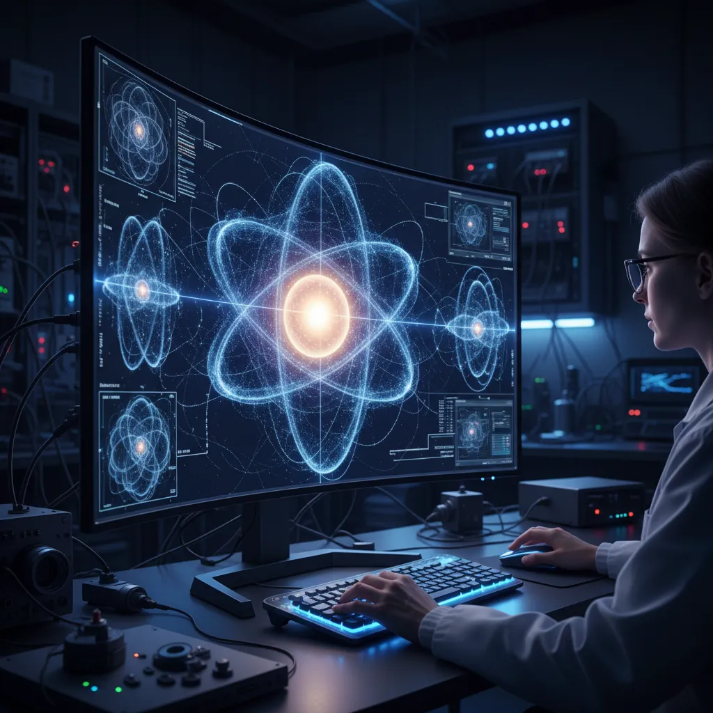 scientific computer simulation showing electron orbitals around atomic nucleus