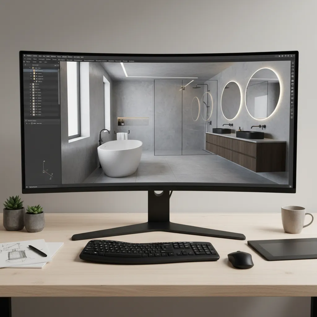 3D bathroom renovation visualization on computer screen used for planning remodel