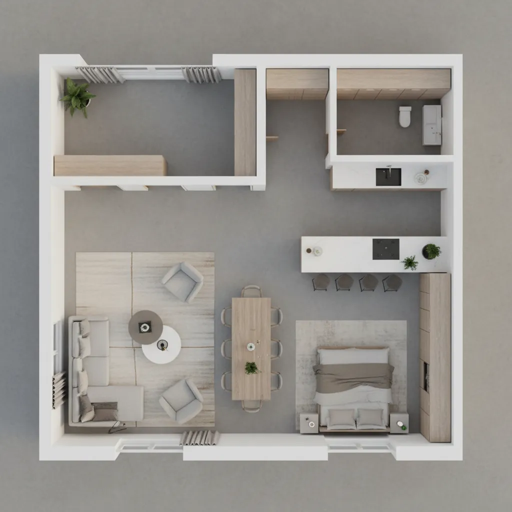 Digital bird’s eye floor plan of a modern apartment layout