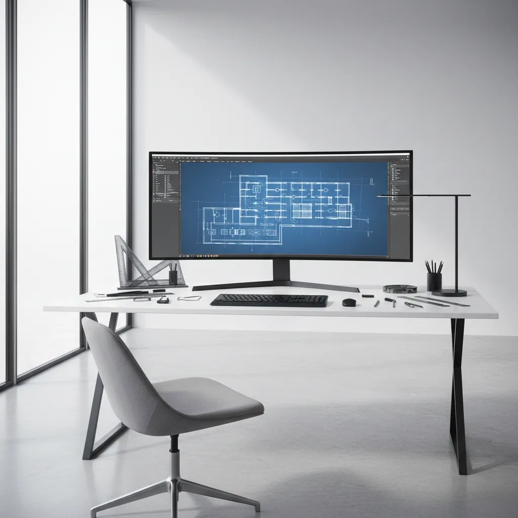 Architectural CAD blueprint displayed on computer screen in design studio