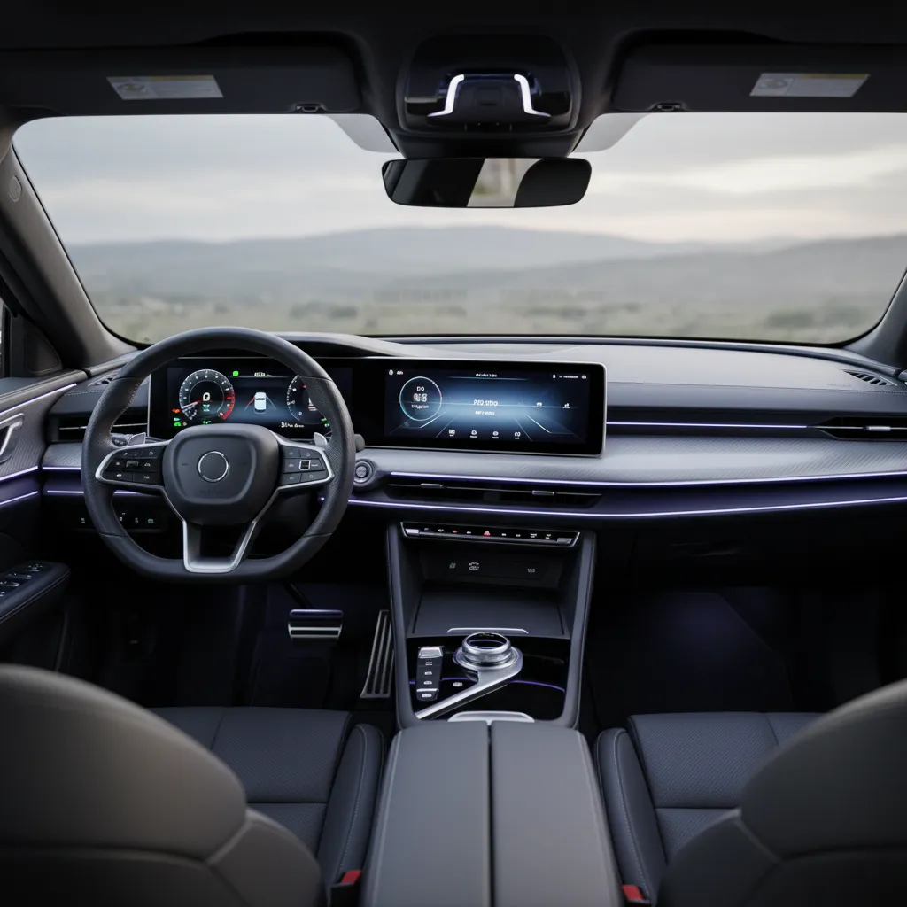 compact sedan dashboard with digital infotainment and ambient lighting