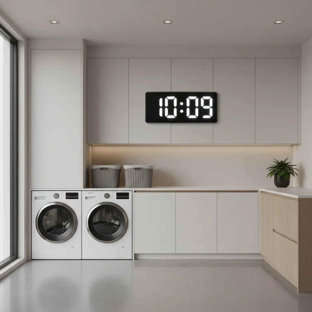 Digital wall clock with bright numbers visible across laundry room