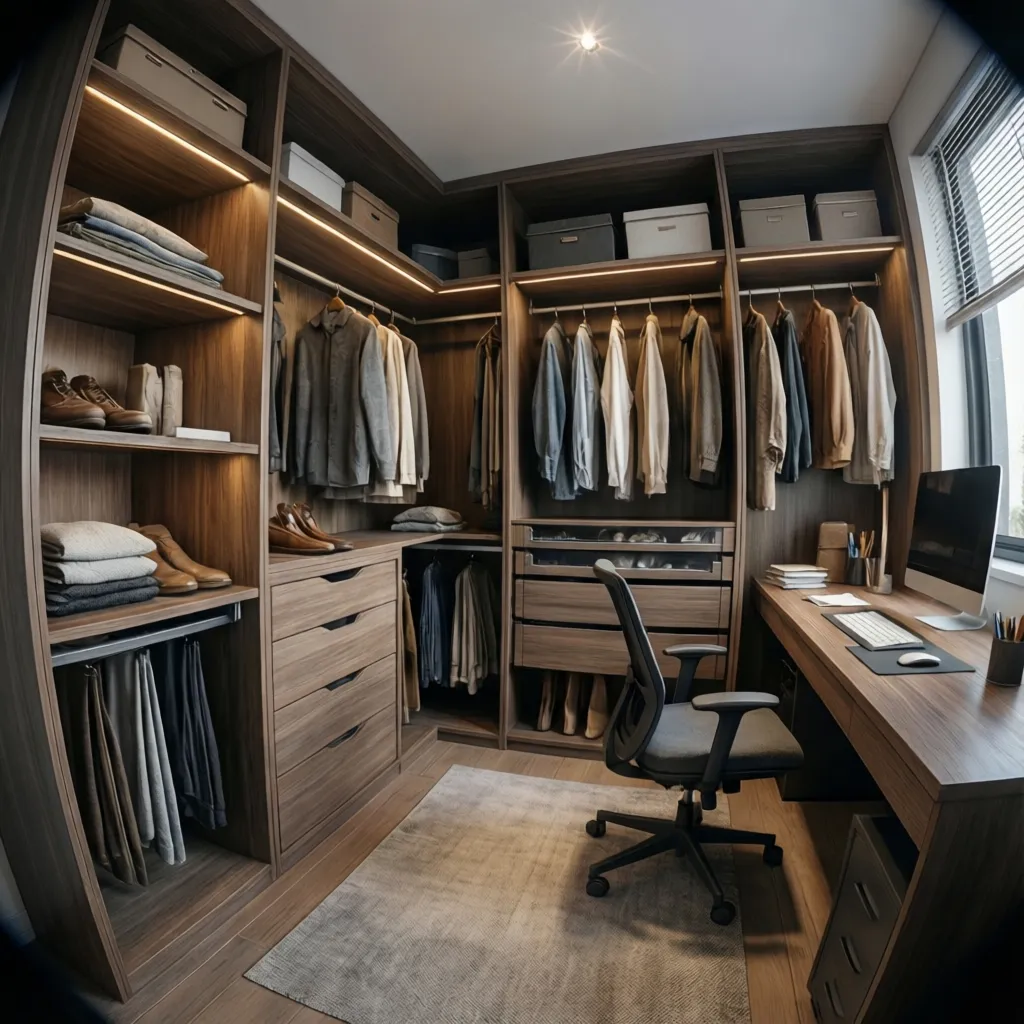 Dark wood closet room layout showing a combined desk with a computer and office chair.