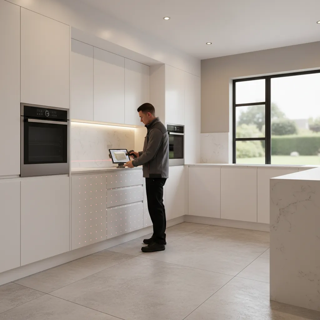 technician using digital laser templating device in kitchen before countertop fabrication