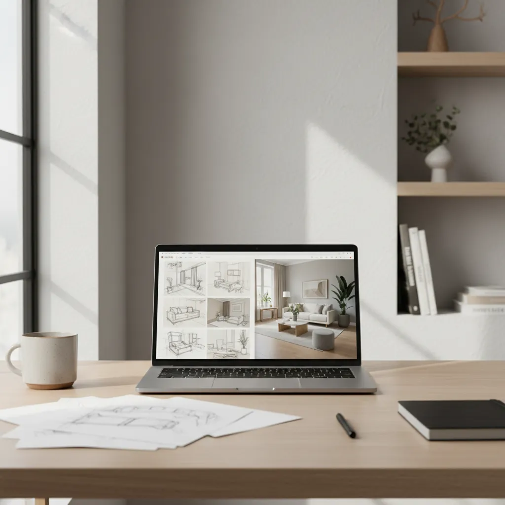 digital interior design portfolio displayed on laptop screen on clean desk
