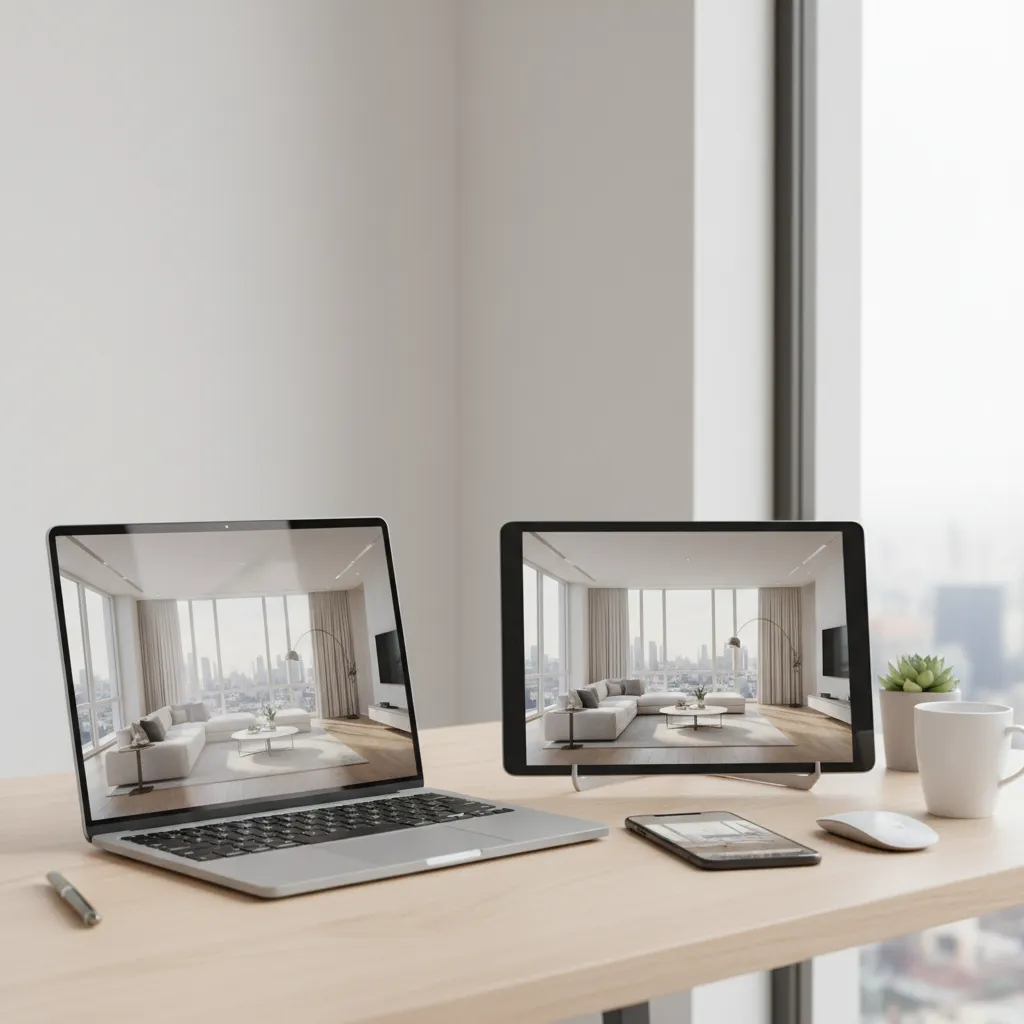 3D interior render displayed on laptop tablet and phone screens