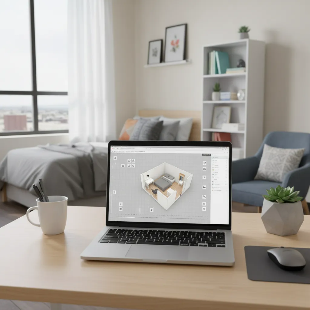 student using digital dorm room planner layout tool on laptop