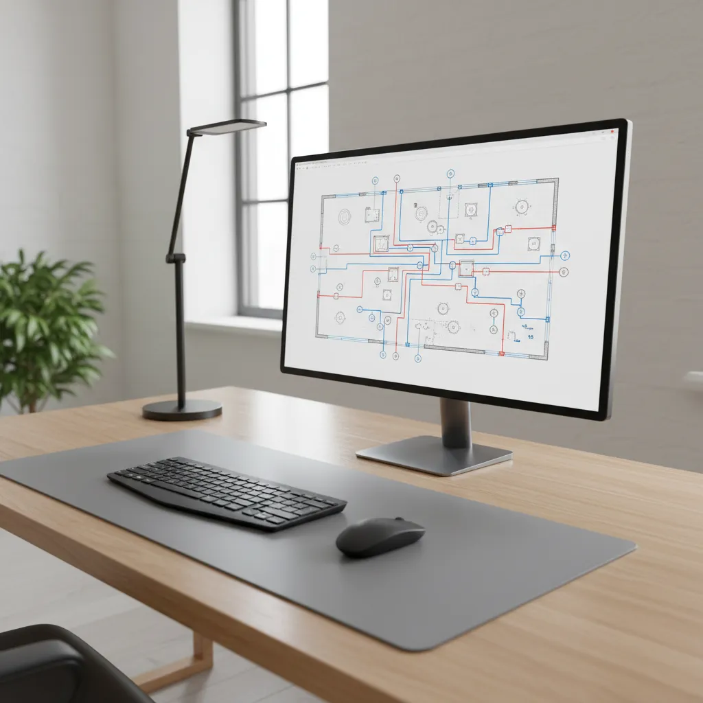 computer displaying electrical floor plan layout with symbols and layers