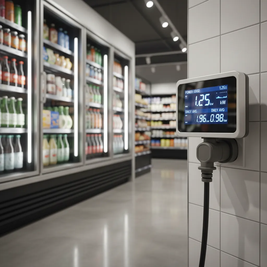 Digital power monitor tracking energy usage of a commercial display refrigerator