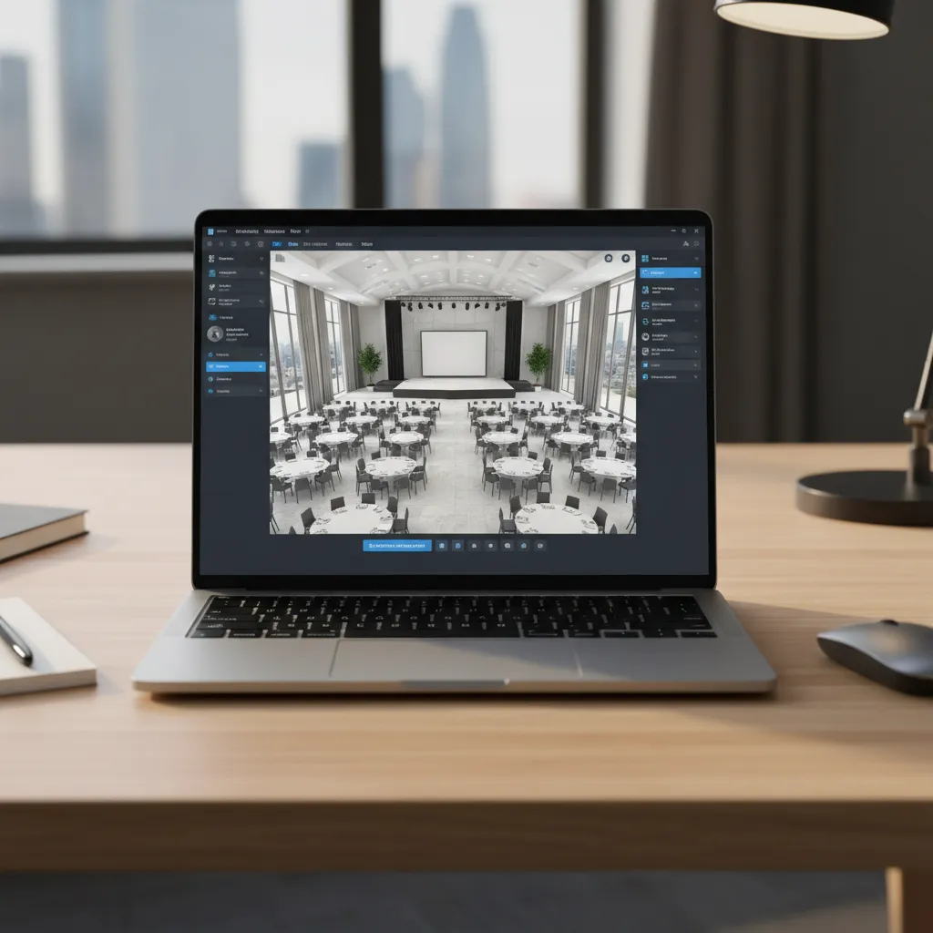 Laptop displaying digital event floor plan layout with banquet tables and stage placement