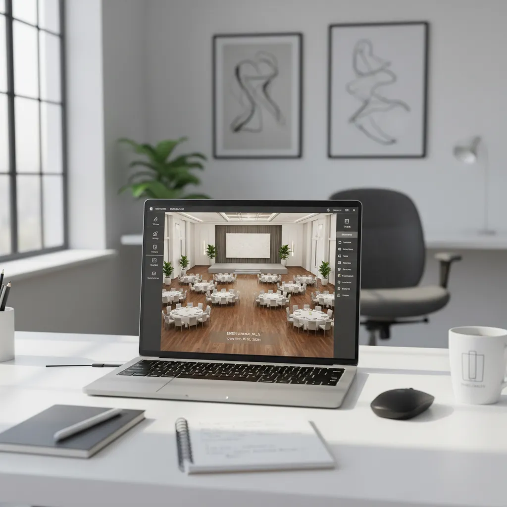 Laptop showing event floor plan design software with banquet table layout