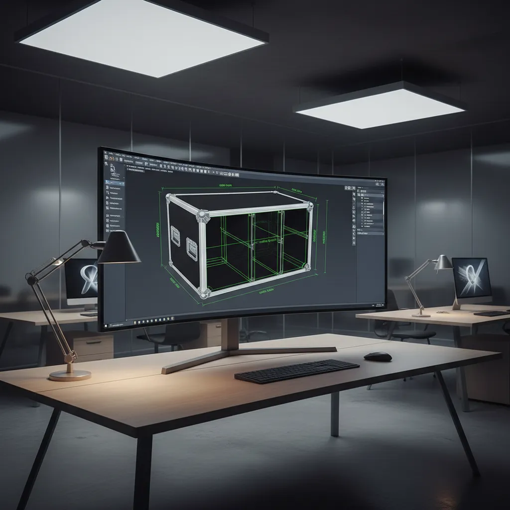 Pantalla de software mostrando diseño técnico de flight case con medidas
