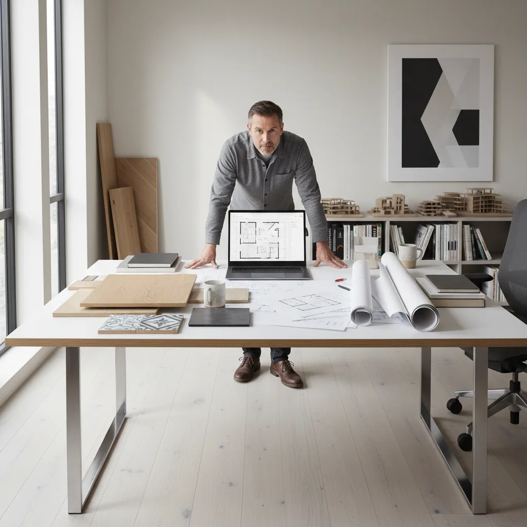 Contractor reviewing digital floor layout for flooring installation planning
