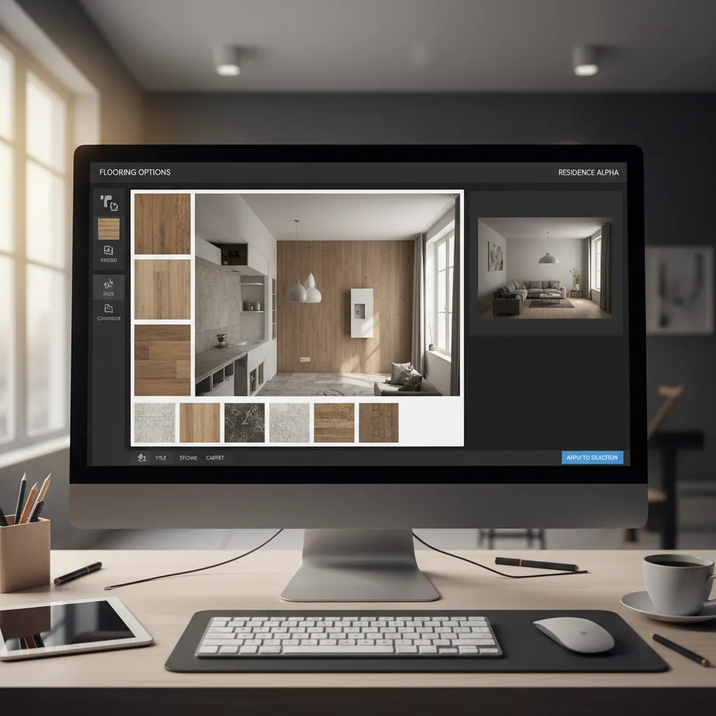 Interior design software interface showing tile and wood floor layout options in a room plan