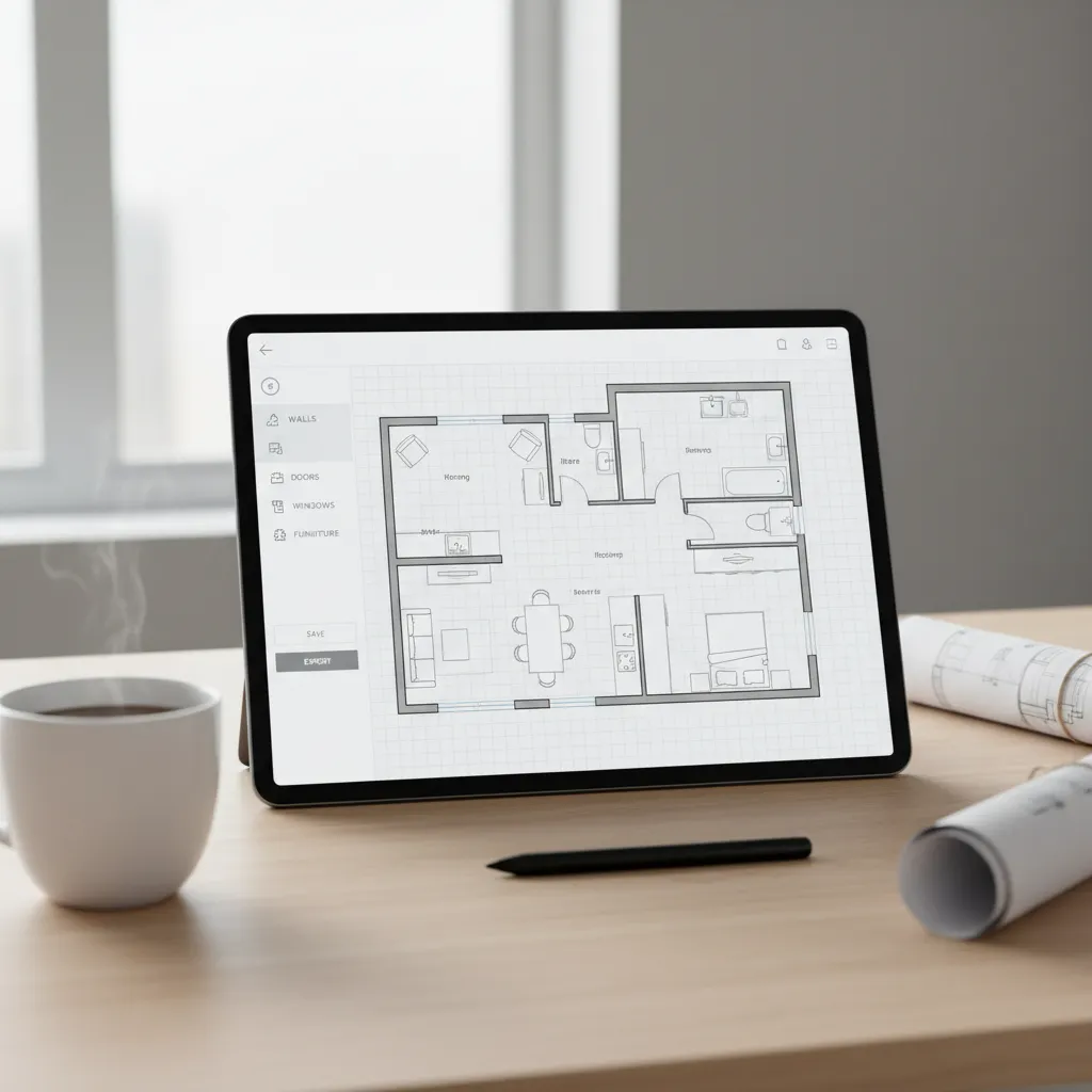 Tablet showing simple digital floor plan layout with furniture icons and room measurements