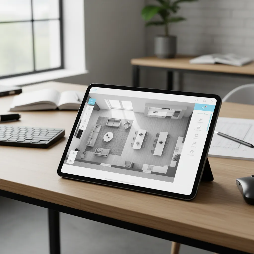 Tablet showing a house floor plan design interface with rooms and furniture layout
