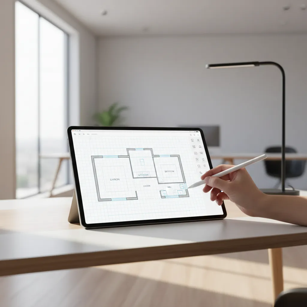 designer using floor plan design app on tablet showing 2D home layout