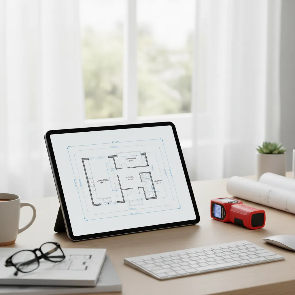tablet showing digital floor plan generated from laser measurements
