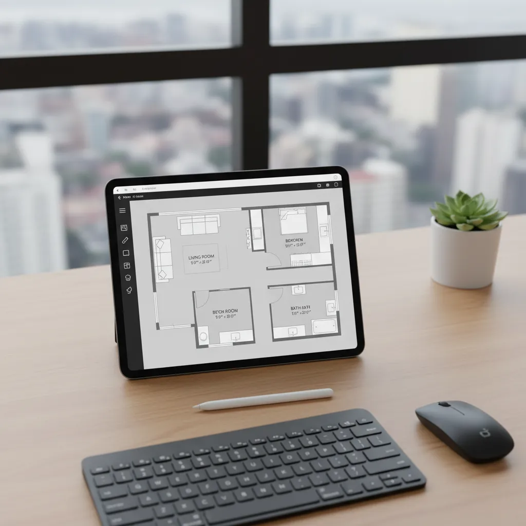Tablet showing house floor plan creator app interface with rooms and wall layout