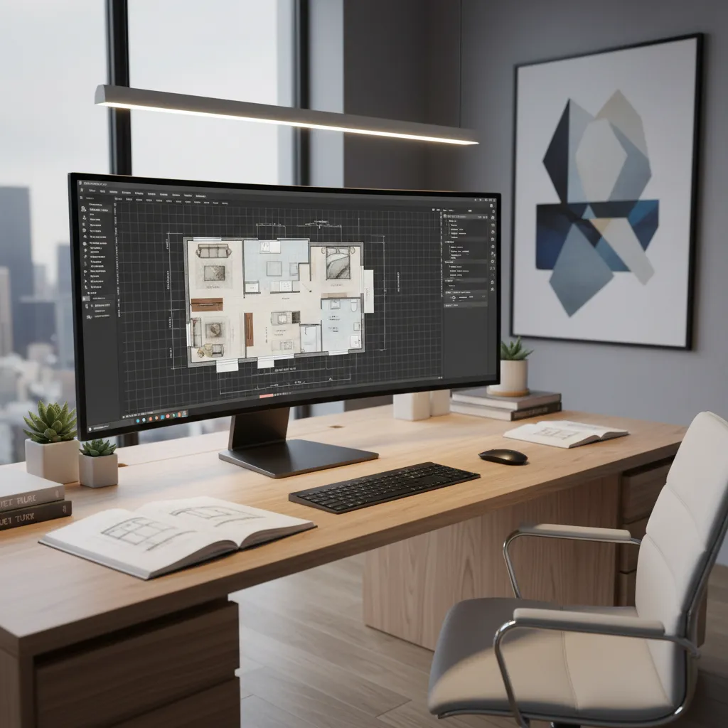 Computer monitor on desk showing floor plan design with a keyboard, mouse, and office chair