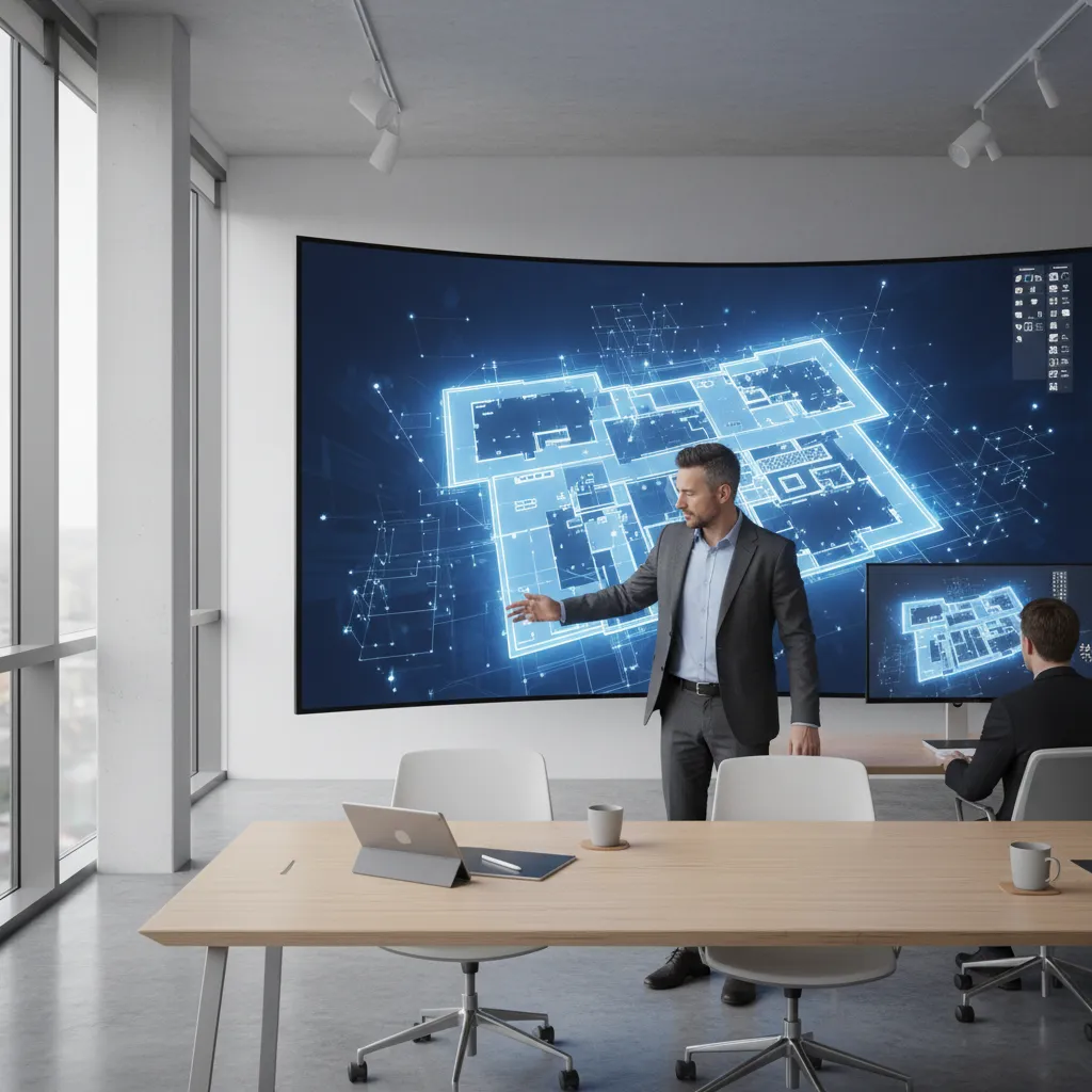 Architect reviewing digital floor plan concept on large screen