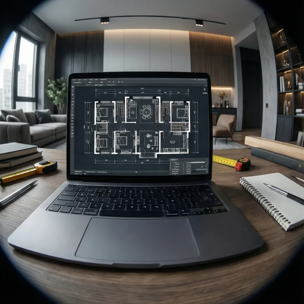 Digital floor plan displayed on laptop based on measured room dimensions