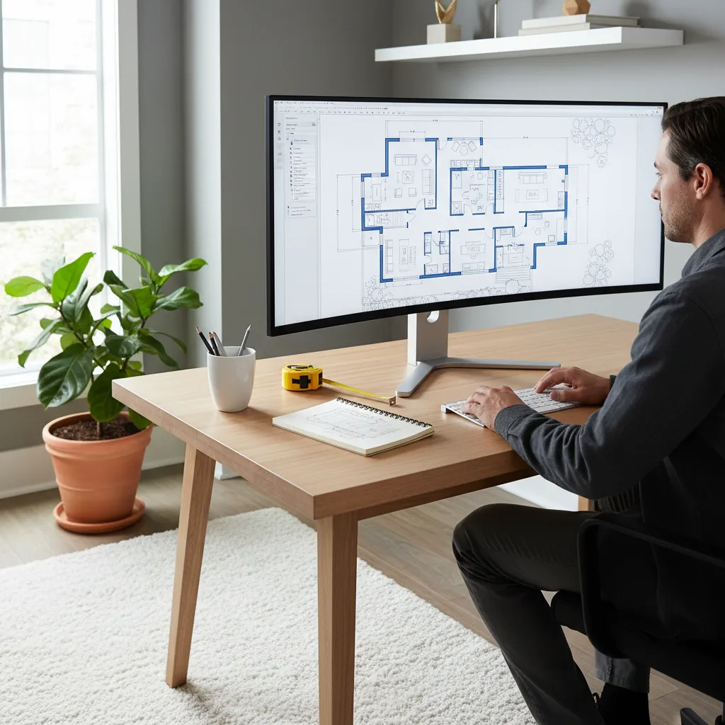 Designer creating a digital home floor plan layout on a computer screen
