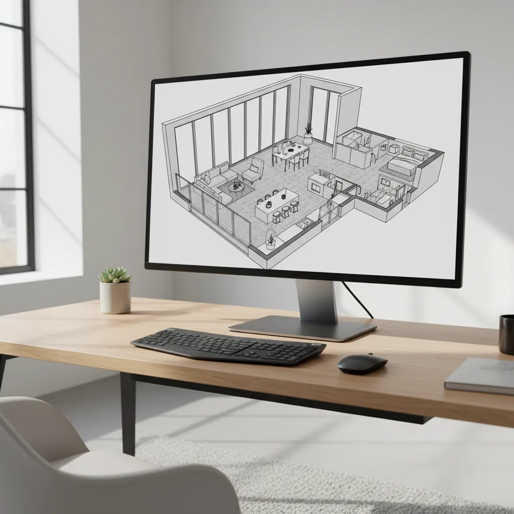 Plano digital de vivienda en pantalla con diseño interior en 3D