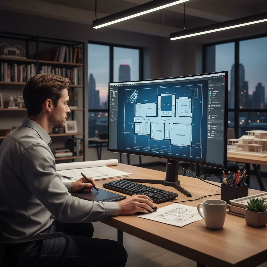 A designer working on a digital floor plan using a large computer monitor and tablet