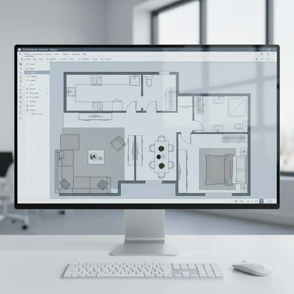 Computer monitor showing a Coohom 2D floor plan layout of a one bedroom apartment design