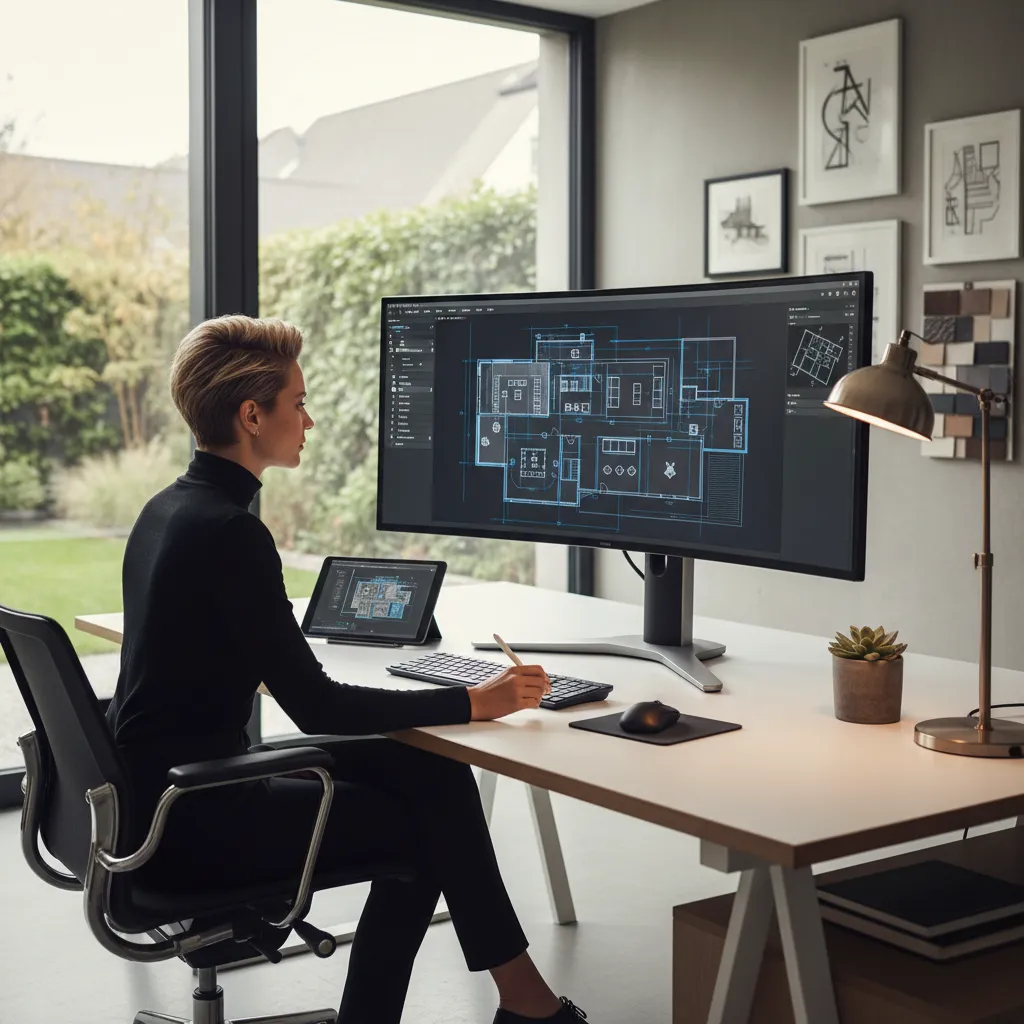 Diseño digital de plano de vivienda en una pantalla de ordenador