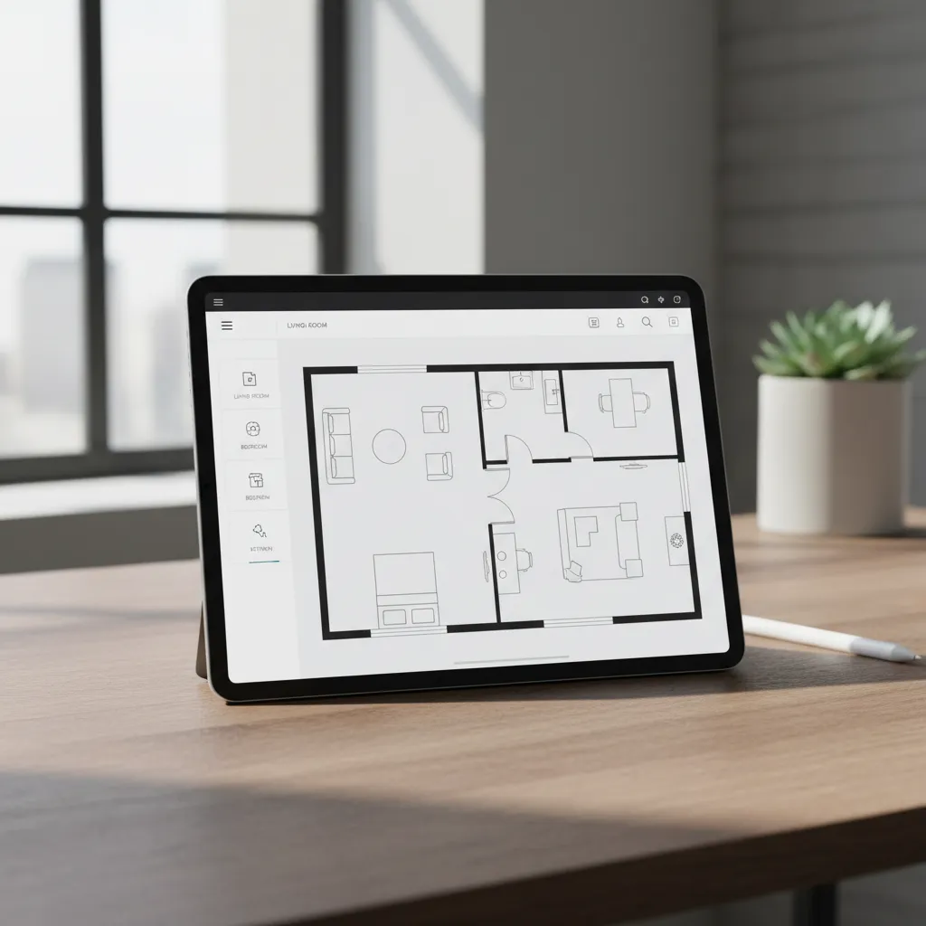 tablet displaying a modern home floor plan design interface with room layout and furniture icons
