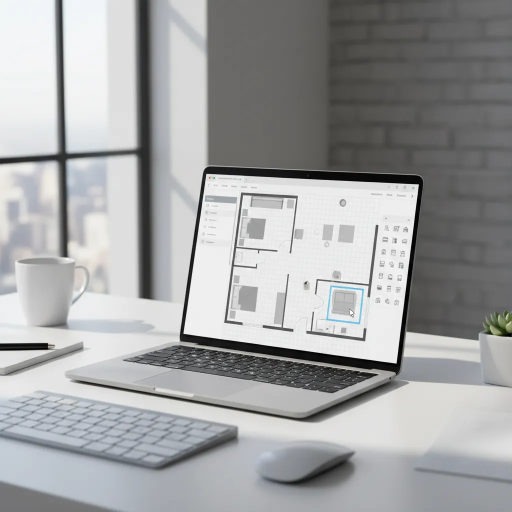 Laptop screen showing a simple apartment floor plan design interface