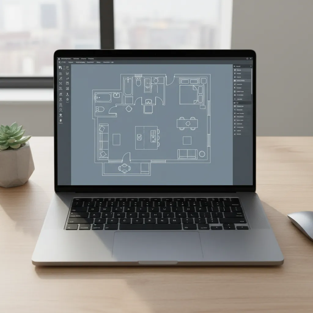 Laptop displaying modern home floor plan creator software with a detailed apartment layout