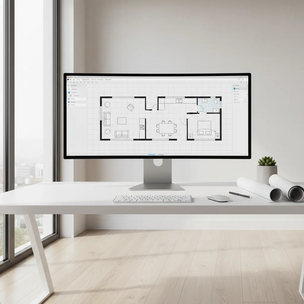 Computer screen showing simple home floor plan layout design software