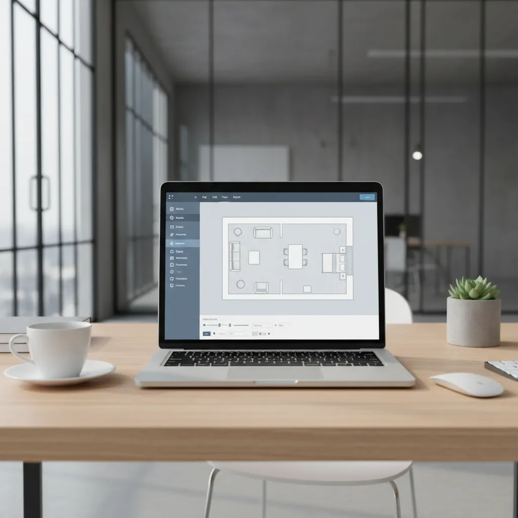 Laptop showing a digital floor plan layout editor with furniture placement tools