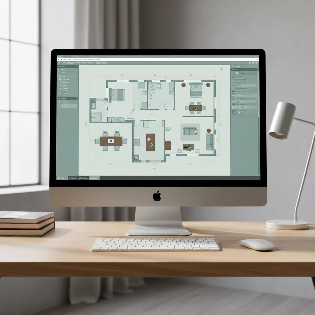 computer screen displaying a modern digital home floor plan layout with furniture placement