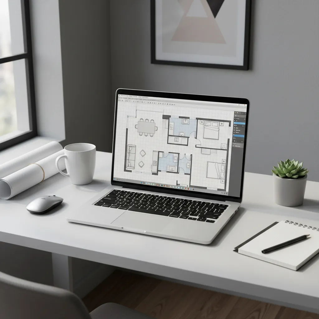 Laptop displaying a digital floor plan creator interface with room layout and furniture blocks