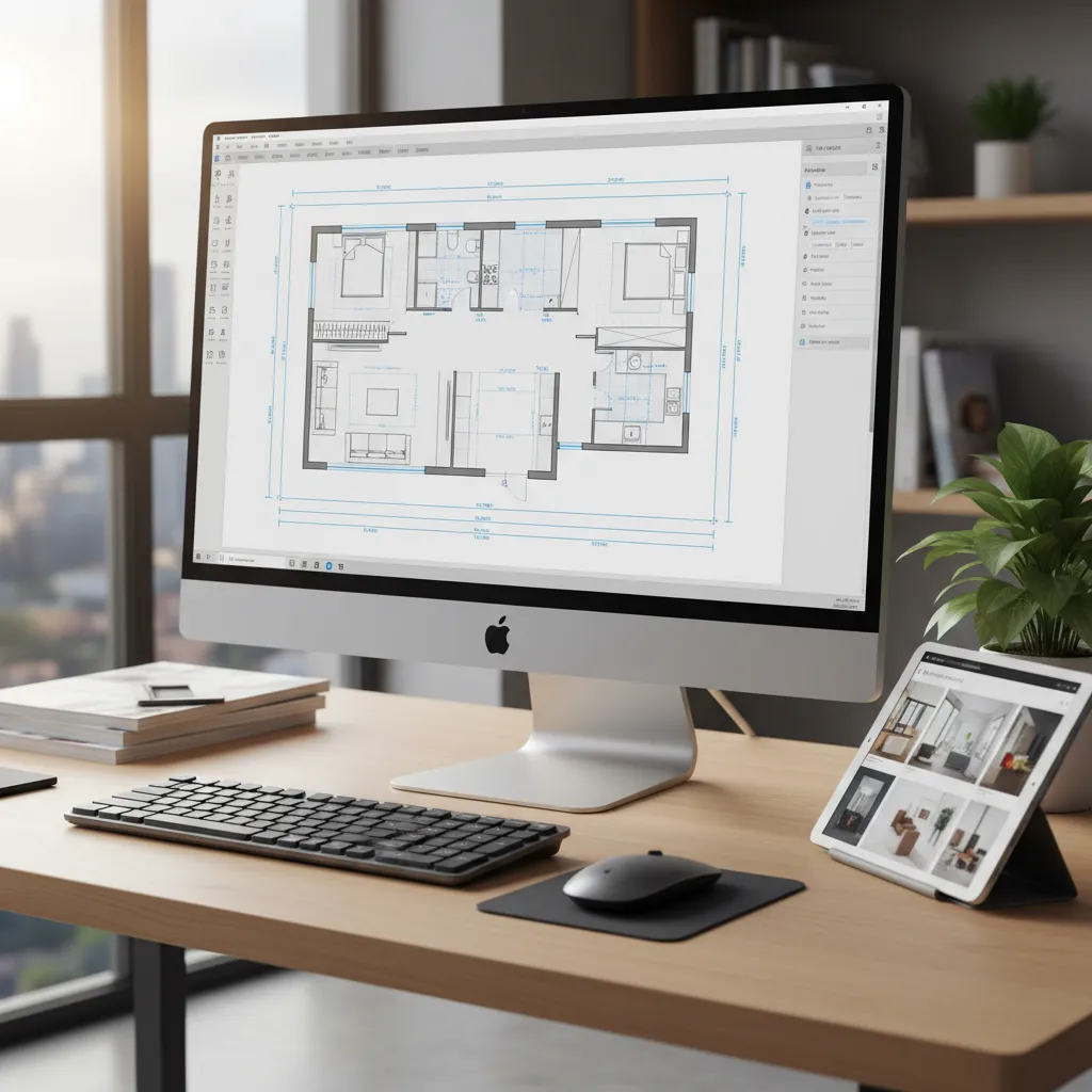 Computer screen displaying a digital home floor plan layout with walls rooms and measurements