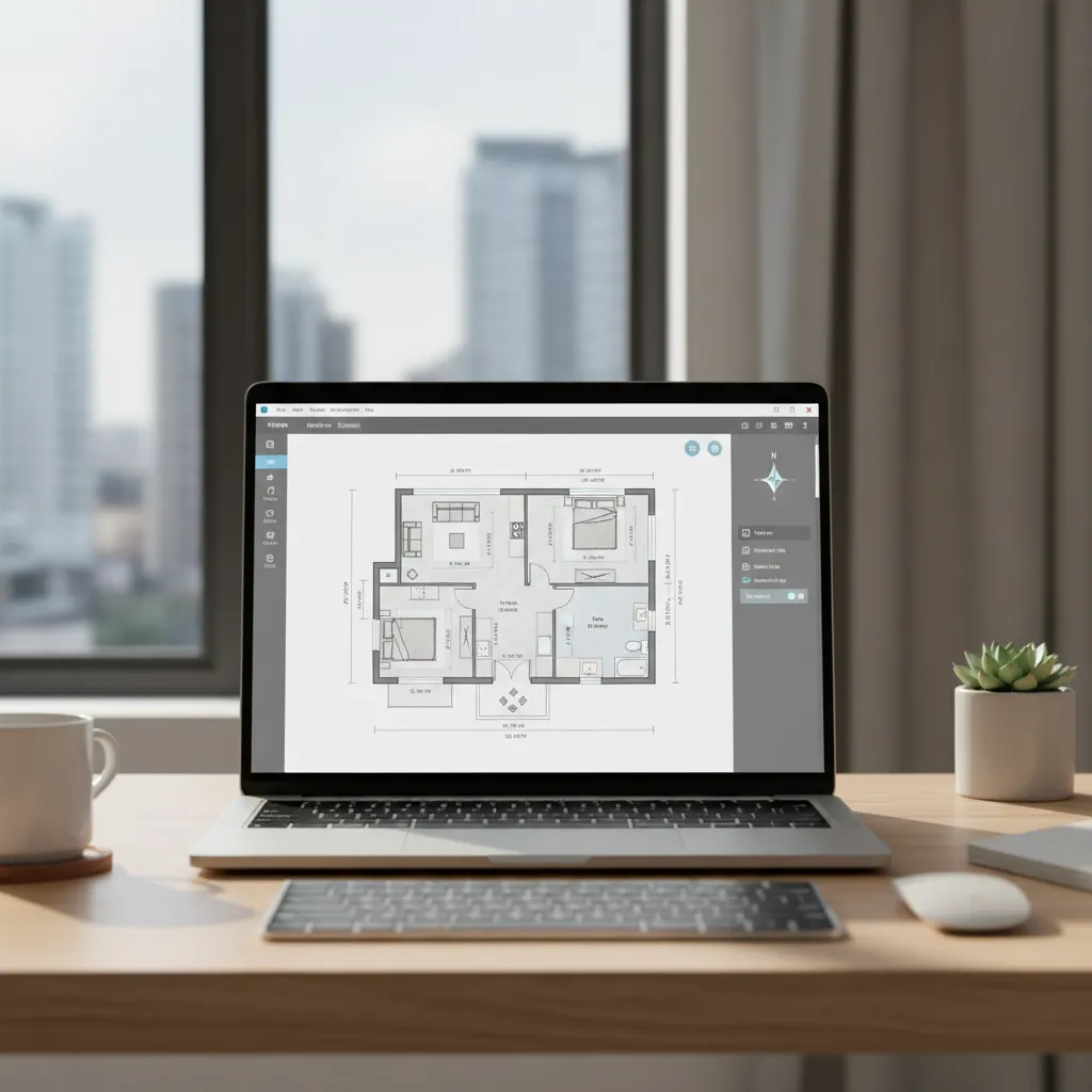 Laptop displaying a home floor plan creator interface with rooms and measurements