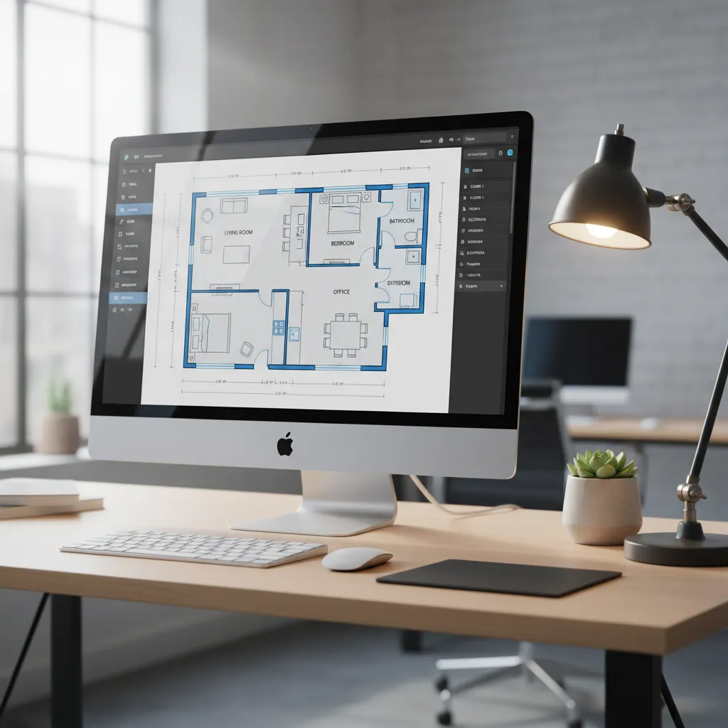 Computer screen showing a digital floor plan layout with rooms and furniture placement