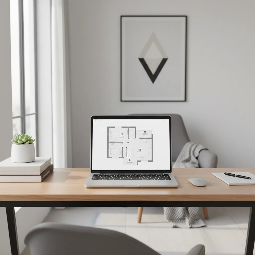 Laptop showing digital floor plan layout with rooms and furniture blocks
