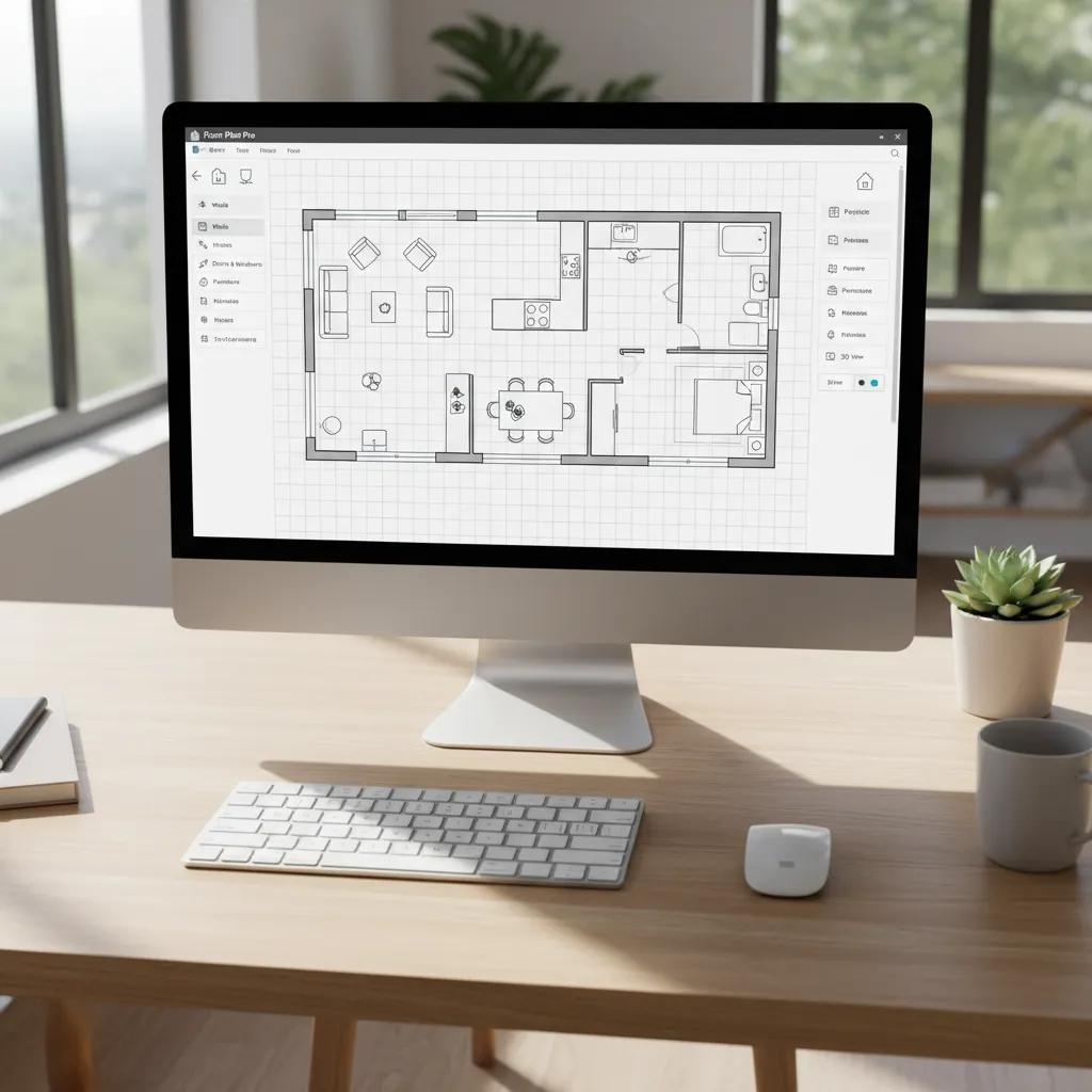 Computer screen showing a digital floor plan creator interface with room layout and furniture icons