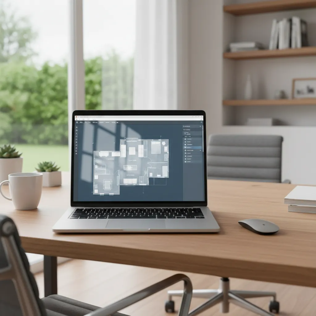 Laptop displaying digital home floor plan design interface