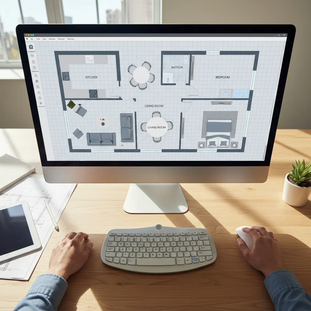 Digital home floor plan design interface showing room layout and furniture placement