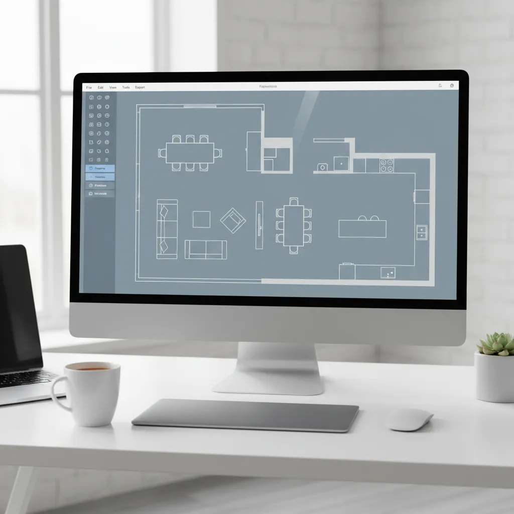 Designer creating a room layout using floor plan software on a computer